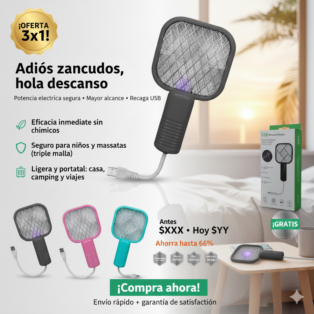 MosquitoOff | Mini Raqueta Eléctrica Atrapamoscos 💥4 X 1
