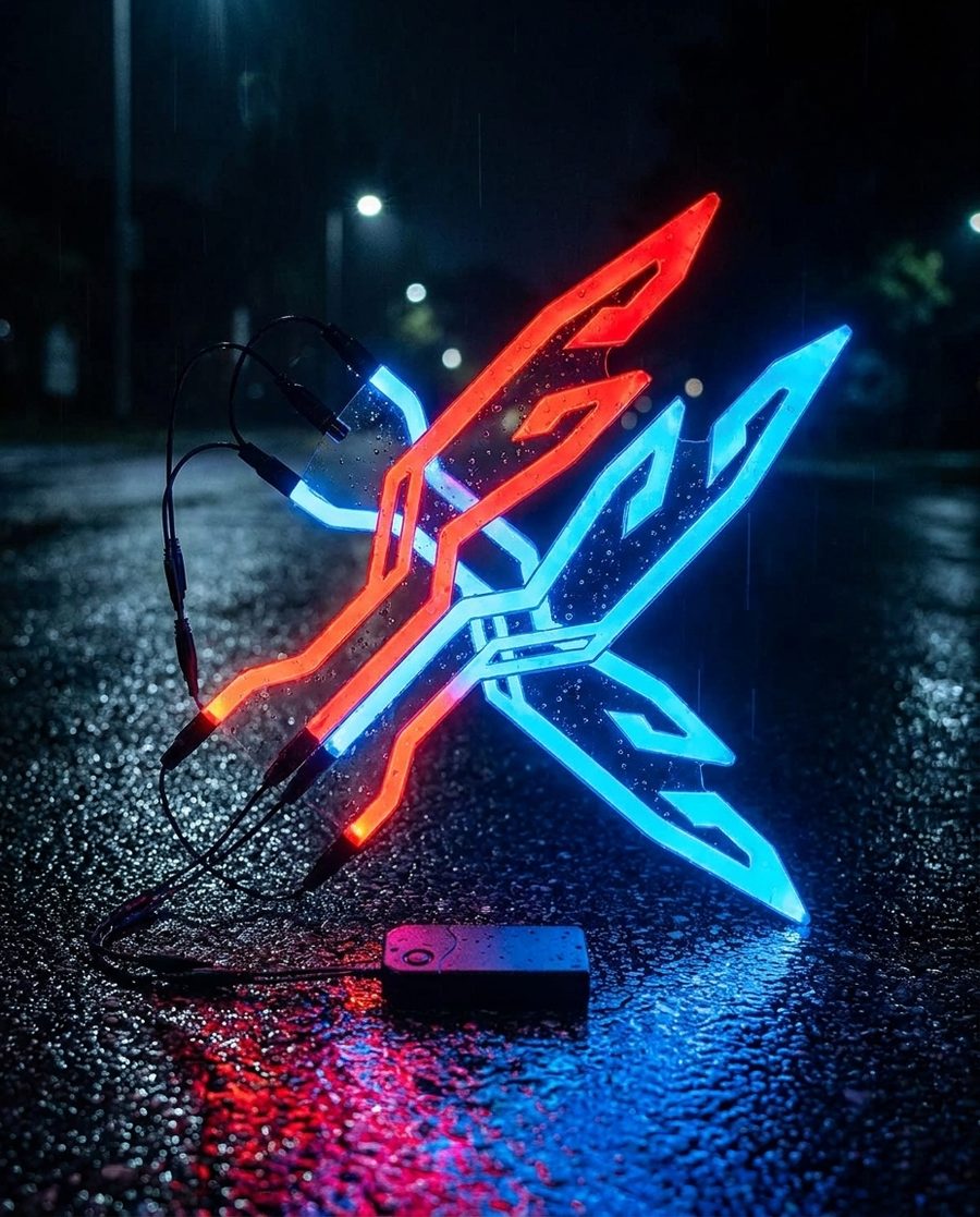 Tiras LED roja y azul sobre pavimento mojado, mostrando resistencia al agua