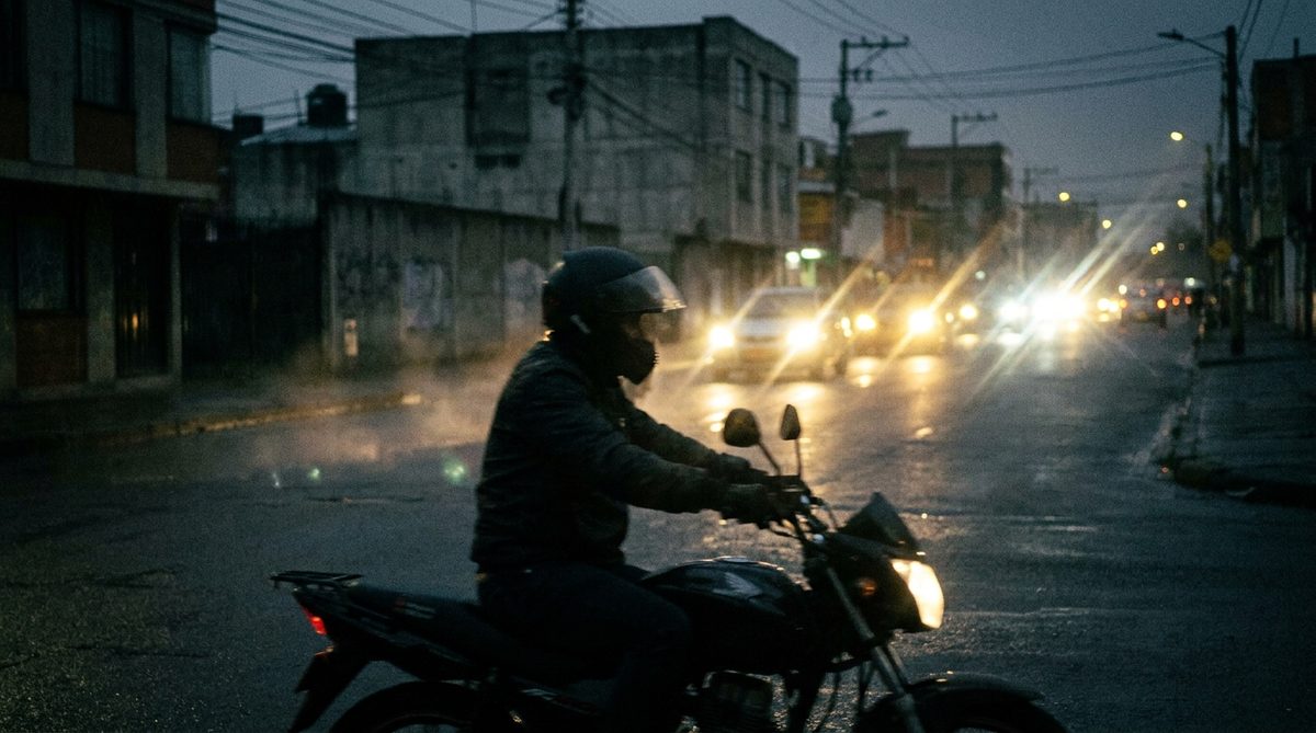 Motociclista conduciendo de noche con baja visibilidad bajo la lluvia